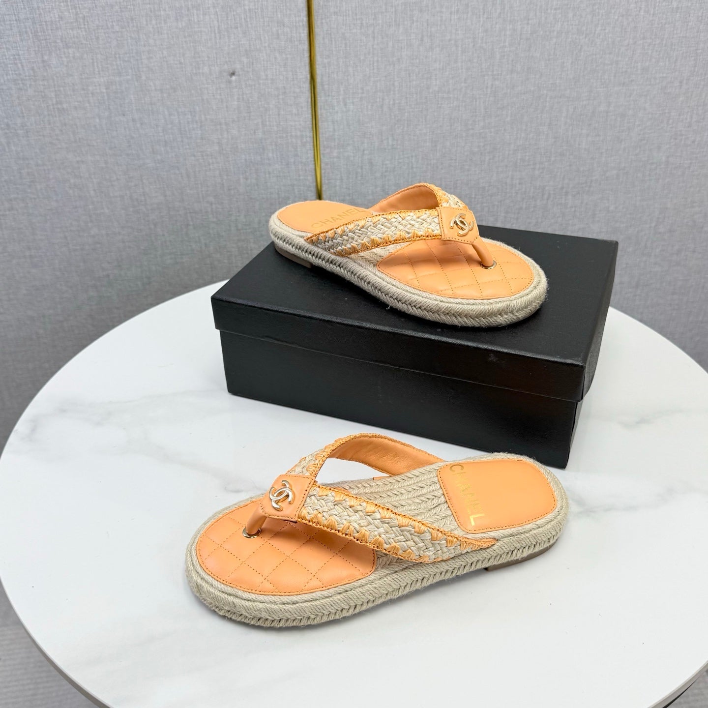 CC 26s Flip Flops Quilted Espadrille Beige Leather 972713
