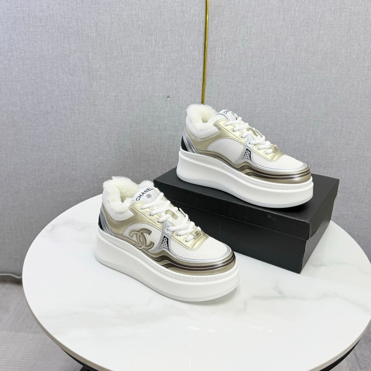 CC 26s Platform Sneakers Light Gold White Quilted Calfskin Shearling 972888