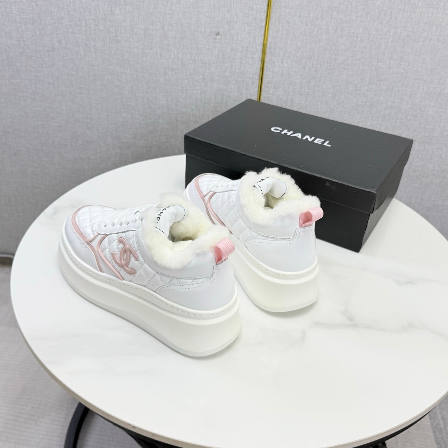 CC 26s Platform Sneakers Pink White Quilted Calfskin Shearling 972890