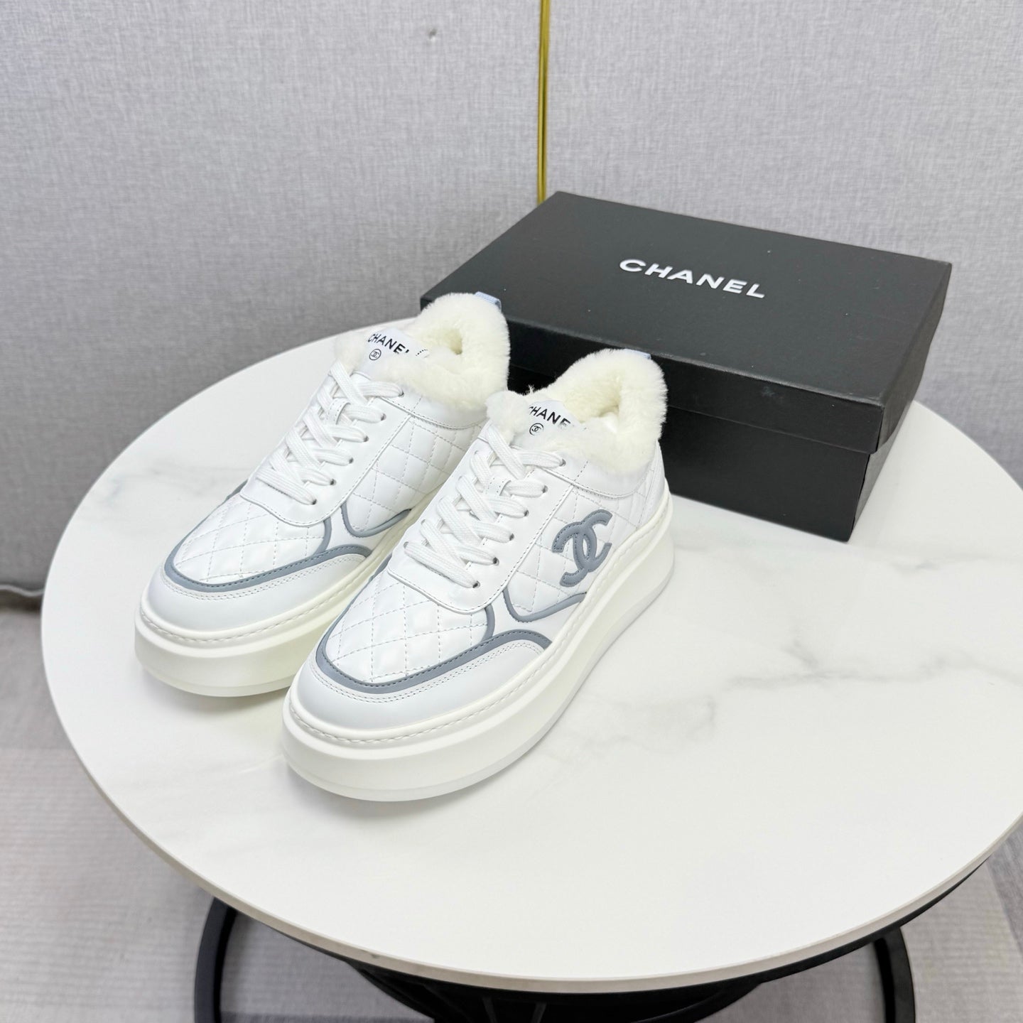 CC 26s Platform Sneakers Grey White Quilted Calfskin Shearling 972891