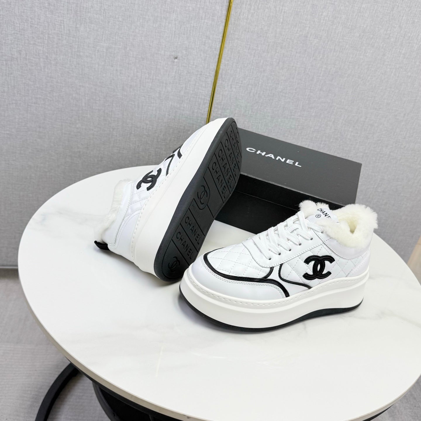 CC 26s Platform Sneakers White Quilted Calfskin Shearling 972894