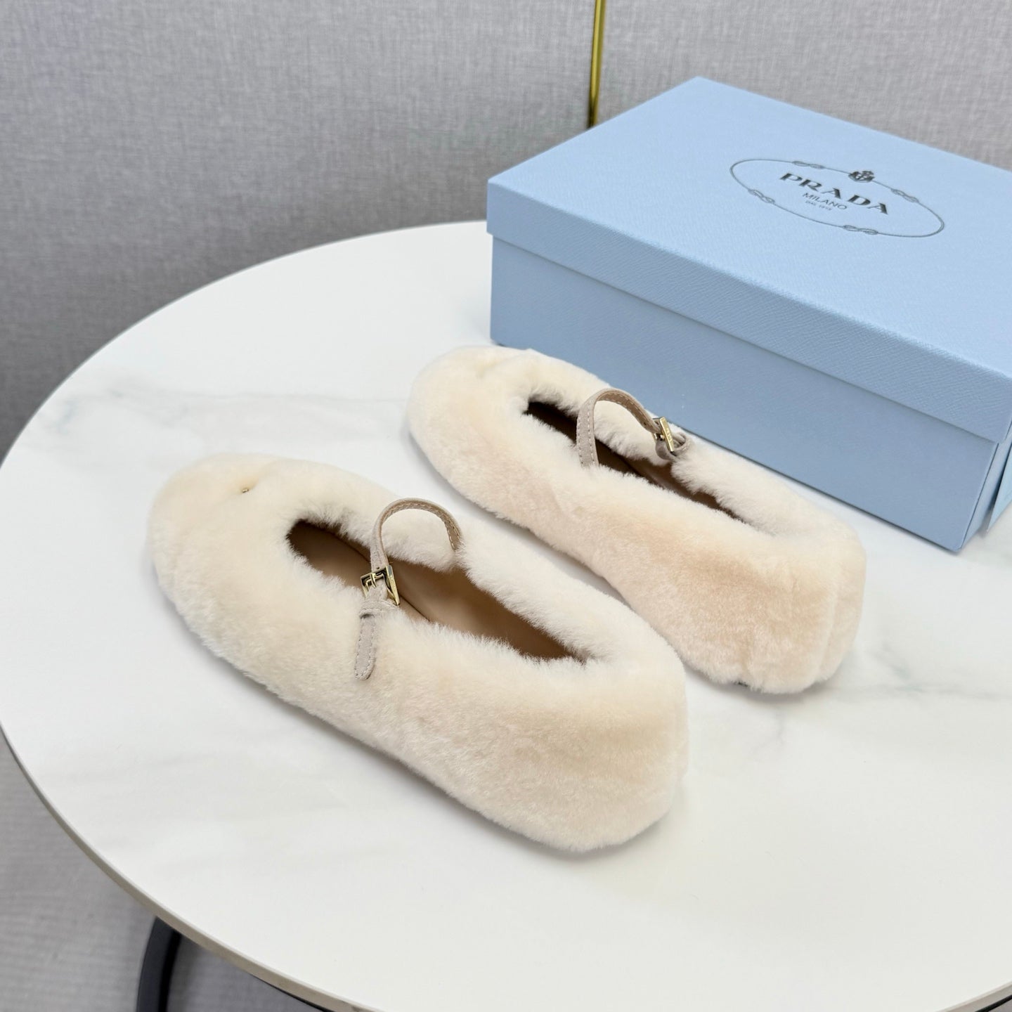 Prada 26s Ballerina Flats Strap With Buckle Cream Fur 973286