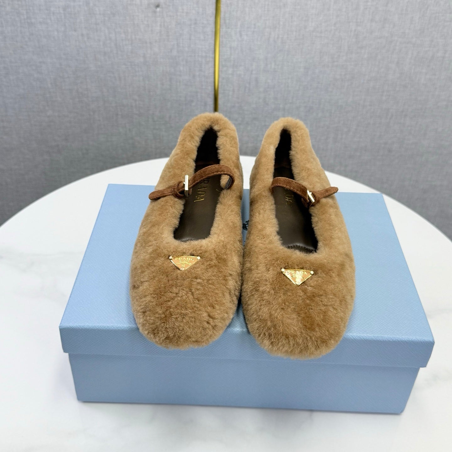 Prada 26s Ballerina Flats Strap With Buckle Khaki Fur 973288