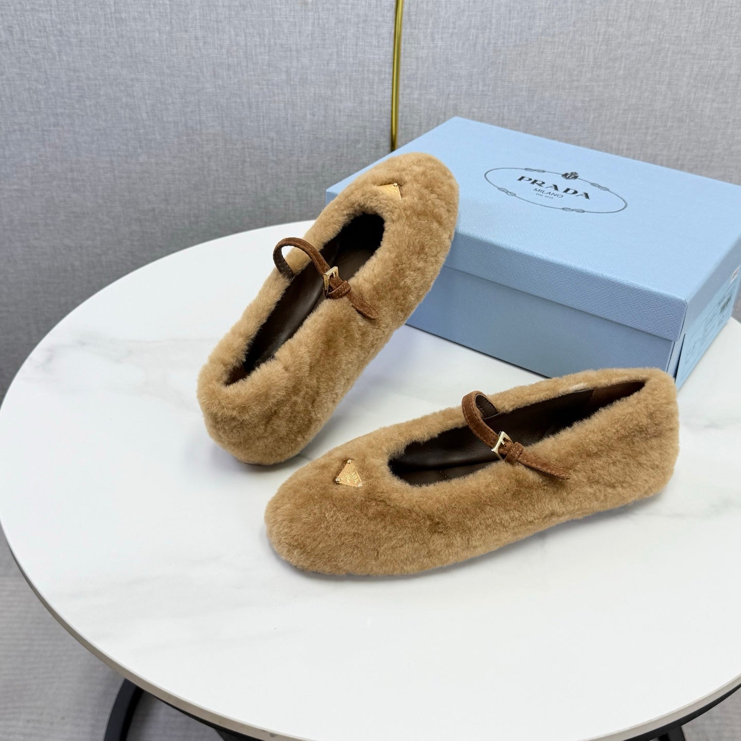 Prada 26s Ballerina Flats Strap With Buckle Khaki Fur 973288