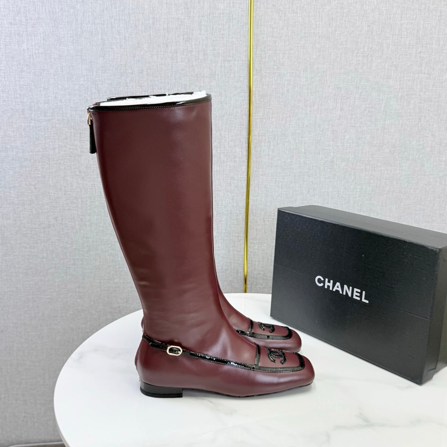 CC 26s Square Toe Low Heel Long Boots Black Burgundy Sheeepskin 972801