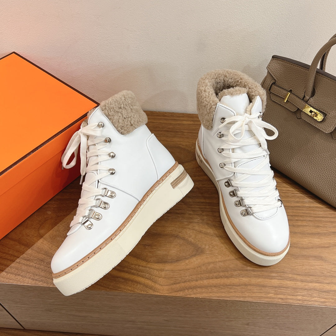 HM 26S Flocon Botines 4cm White Leather Shearling 110589