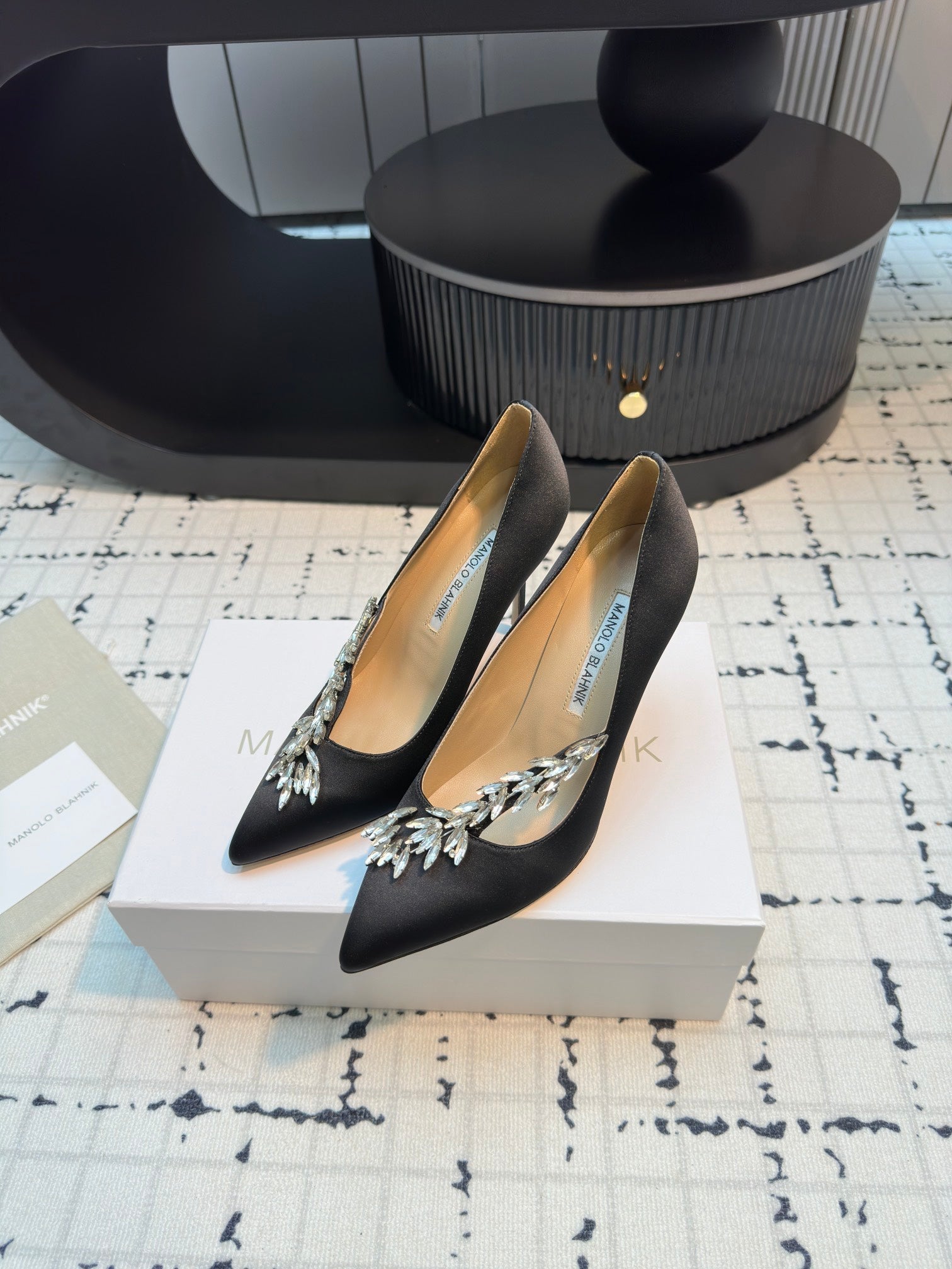 Lurum 90 Black Satin Crystal Embellished Pumps 868667