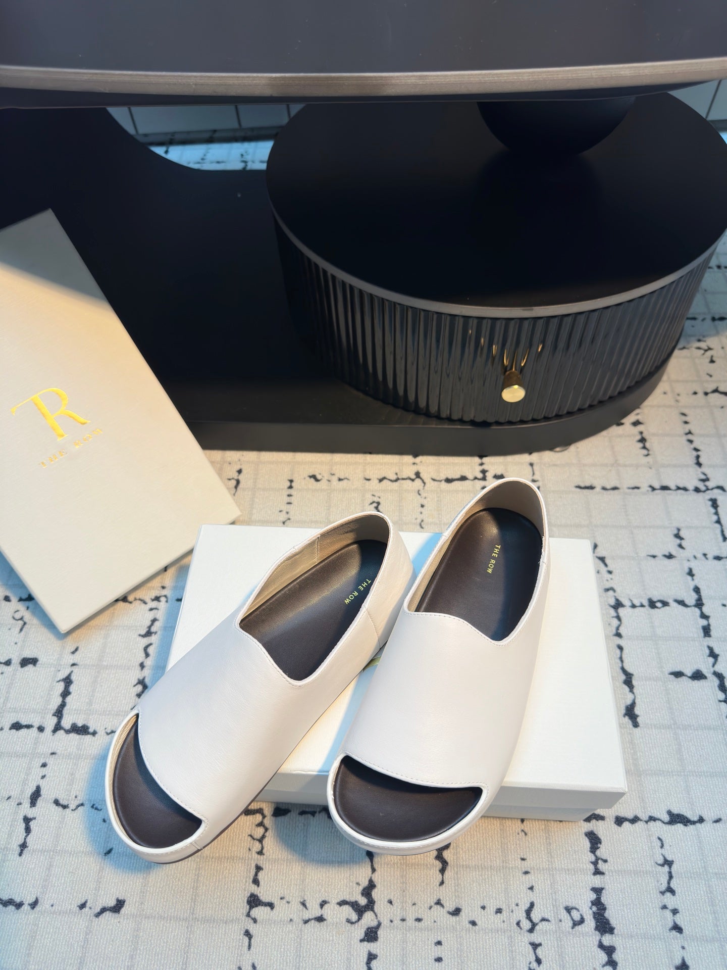 The Row Slide Mules White Black Sheepskin 334355