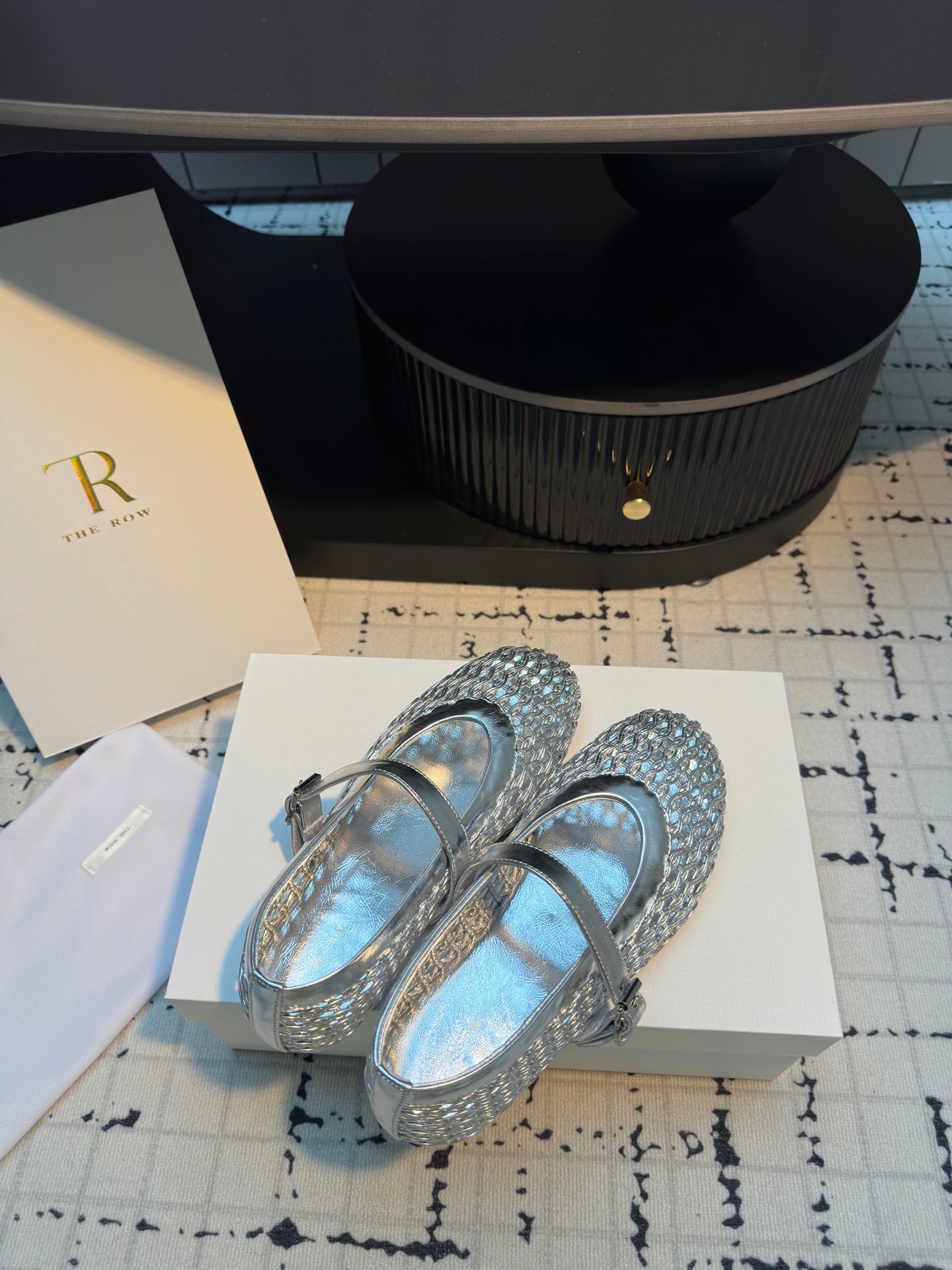 The Row Mary Jane Flat Silver Metallic Mesh Cowhide 334497