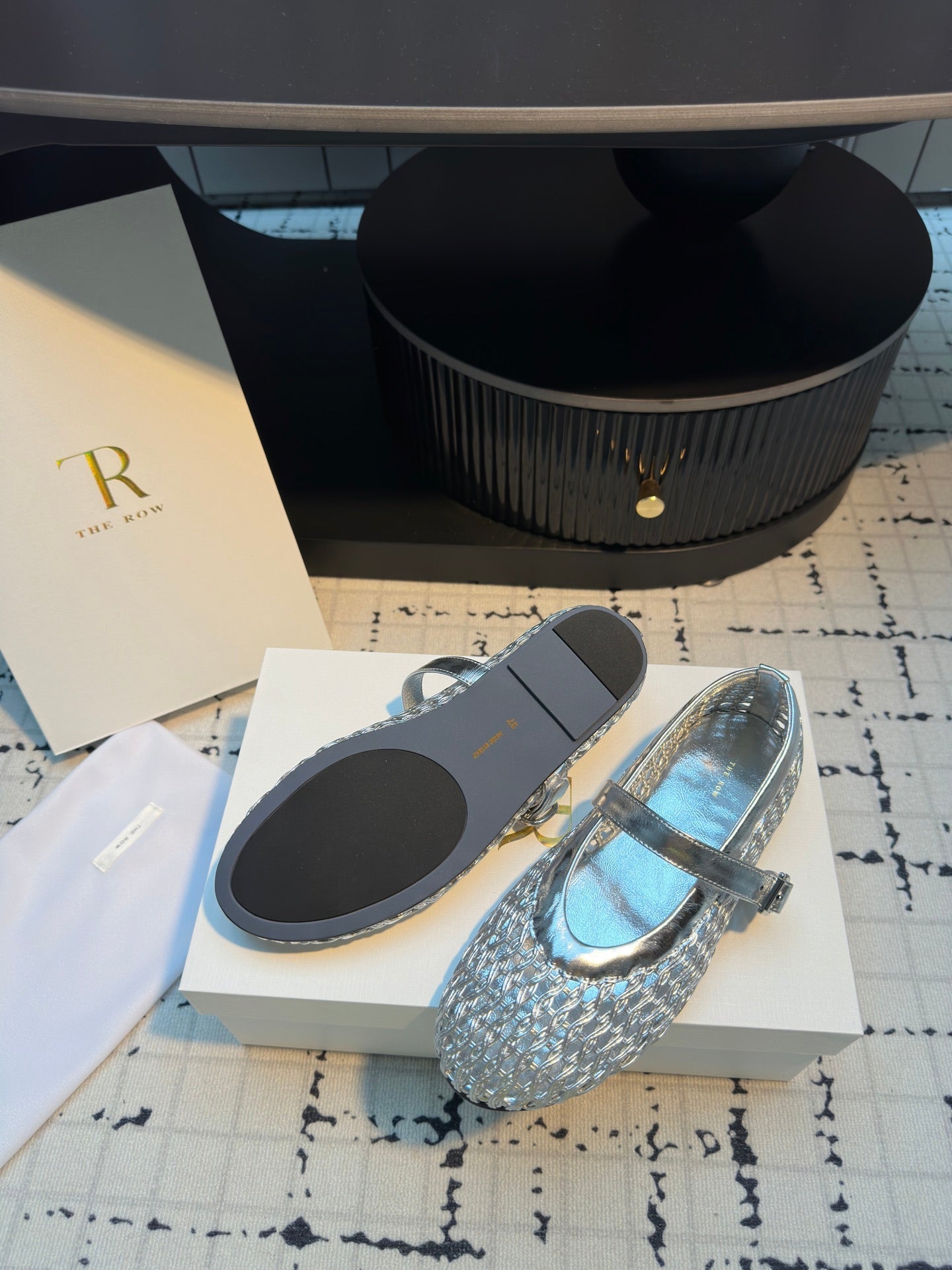 The Row Mary Jane Flat Silver Metallic Mesh Cowhide 334497