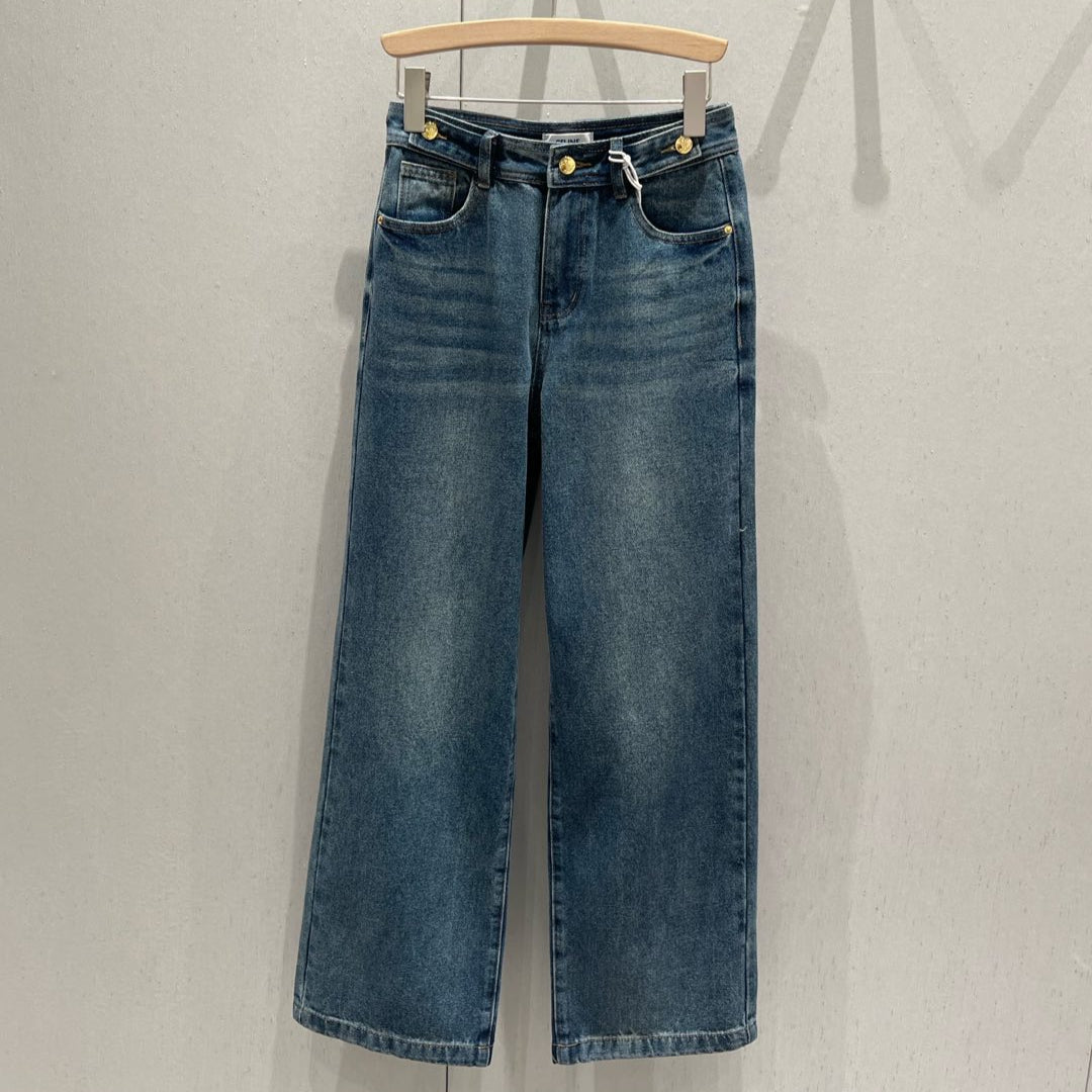 Celine Back Pocket Embroidery Cover Straight Jeans Blue Cotton 209716