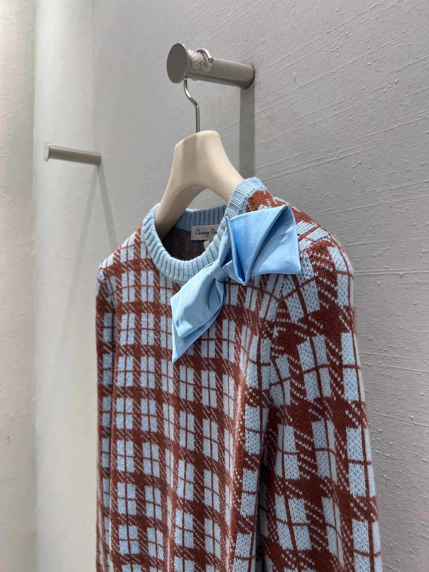 CD Retro Plaid Bow Sweater Brown Light Blue Wool 343978