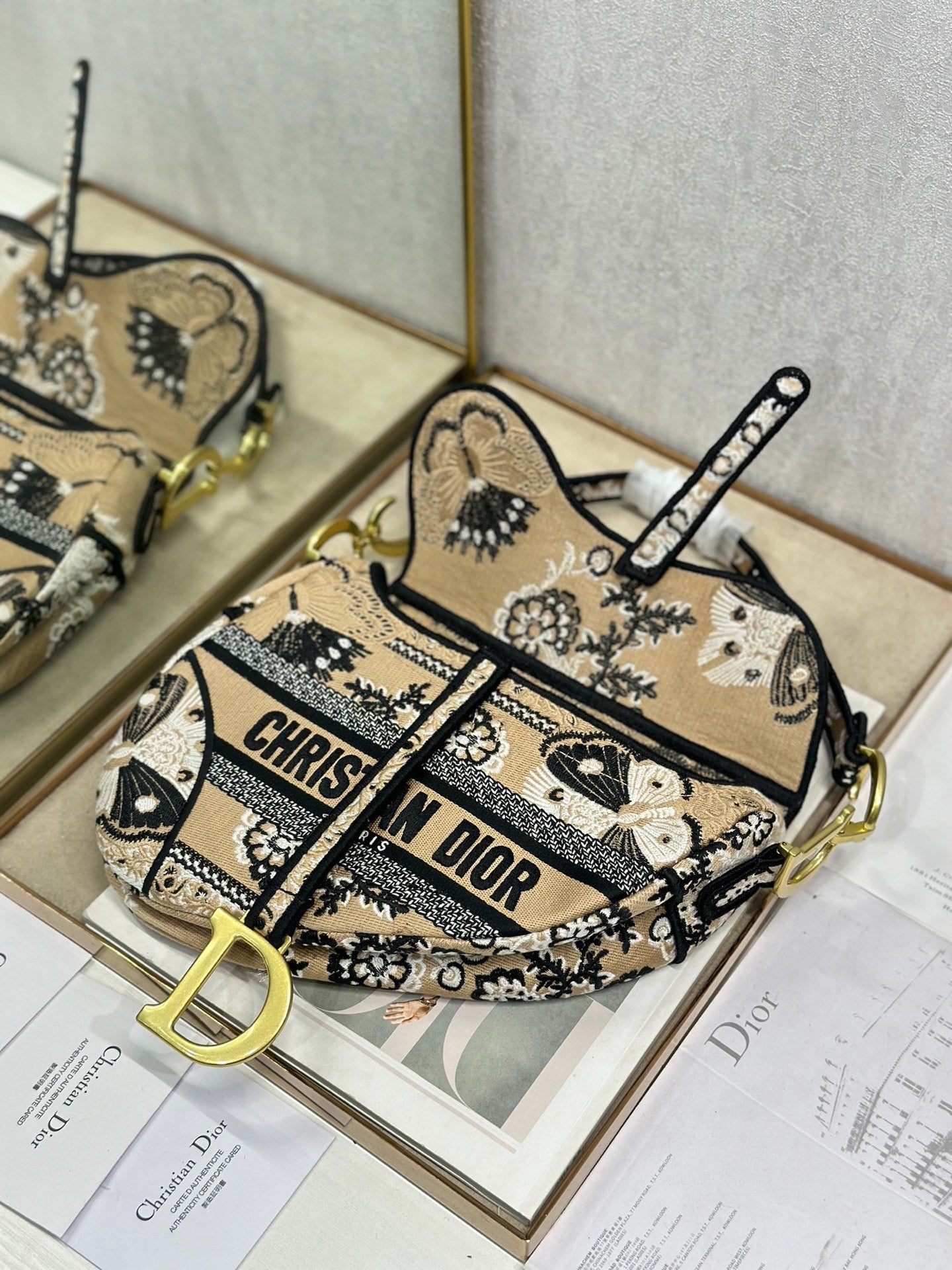 CD Saddle Bag 25.5cm Black Beige Butterfly Embroidery Canvas