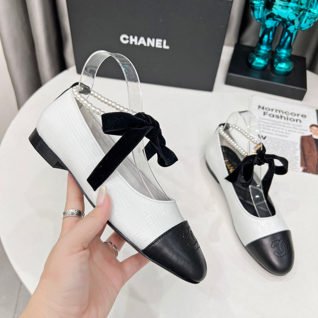 CC Mary Jane White Black Studded With Pearls Lambskin