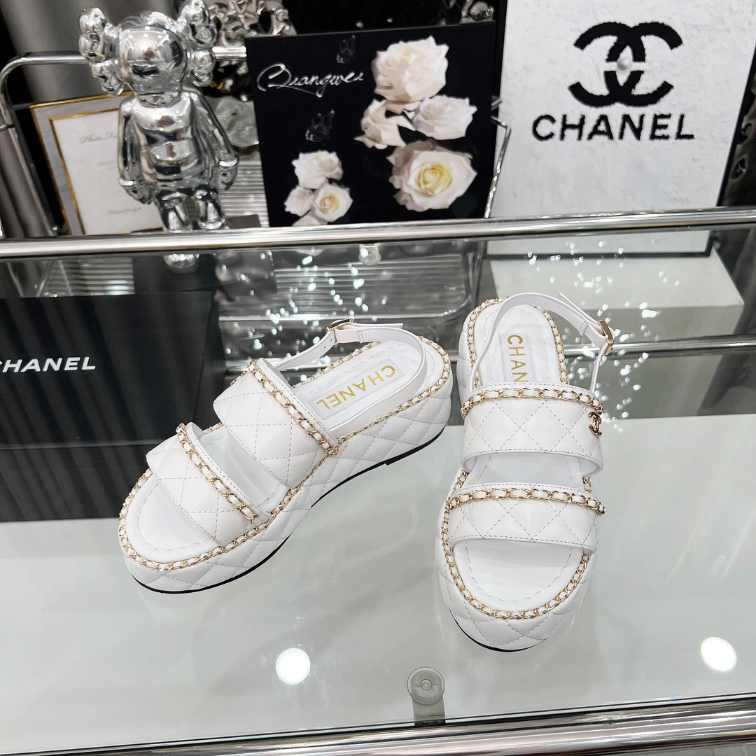 CC 25 Sandals Leather Chain 6cm White Lambskin 338655