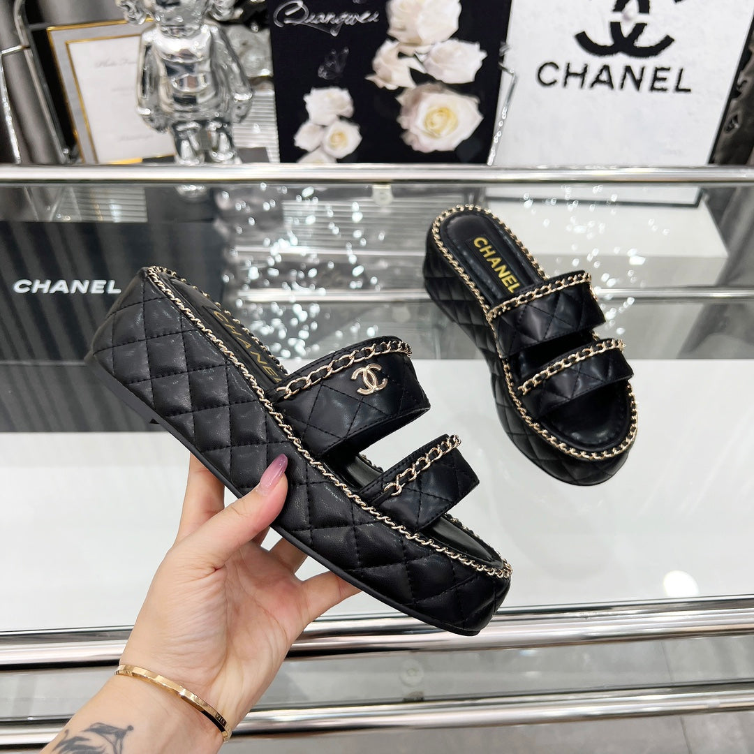 CC 25 Slide Leather Chain 6cm Black Lambskin 338660