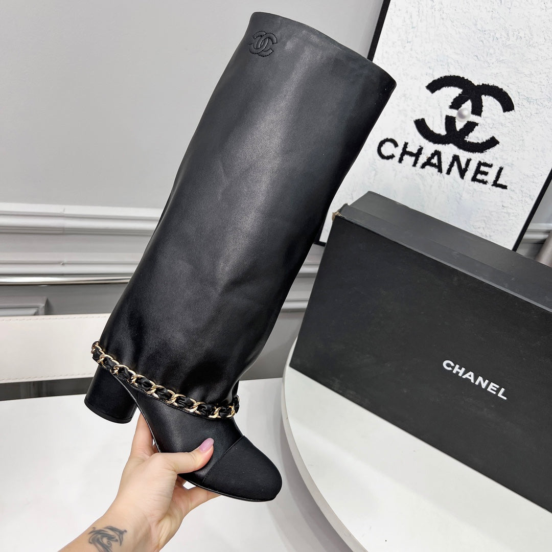 CC 25 High Boots With Chain 55mm Black Cowhide Grosgrain 374026