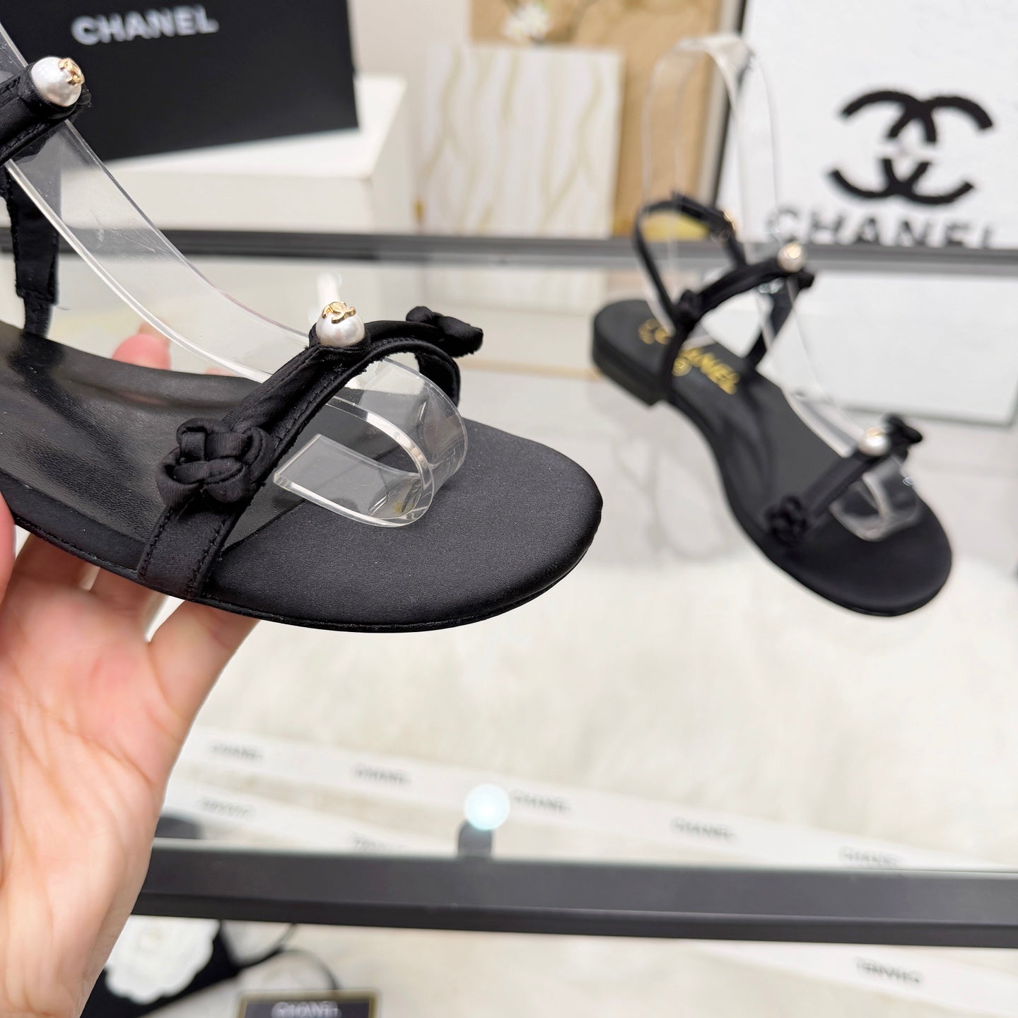 CC 2026 Pearl Sandal Black Satin Leather 692022