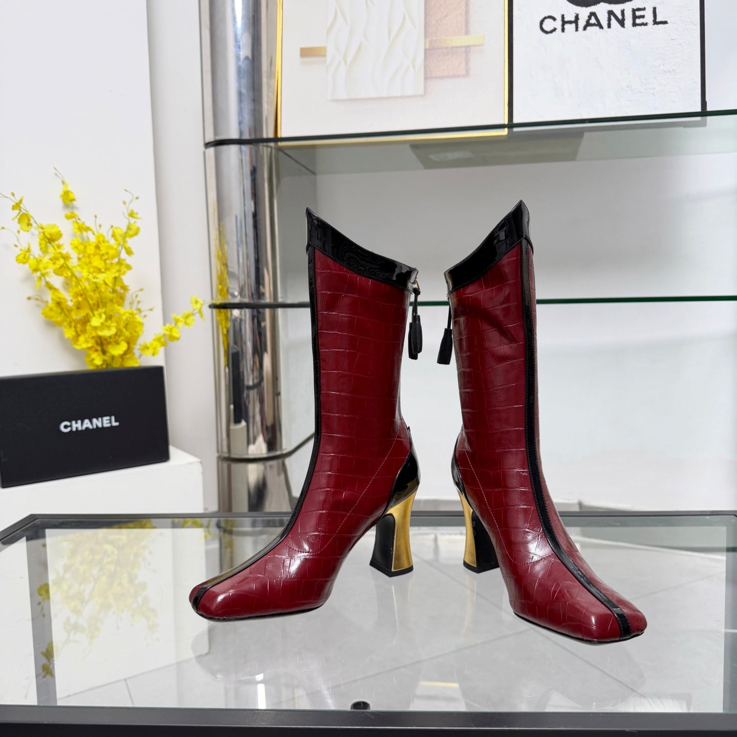 CC 26 FW Ankle Boots 8.5cm Burgundy Crocodile-Embossed Leather 919939