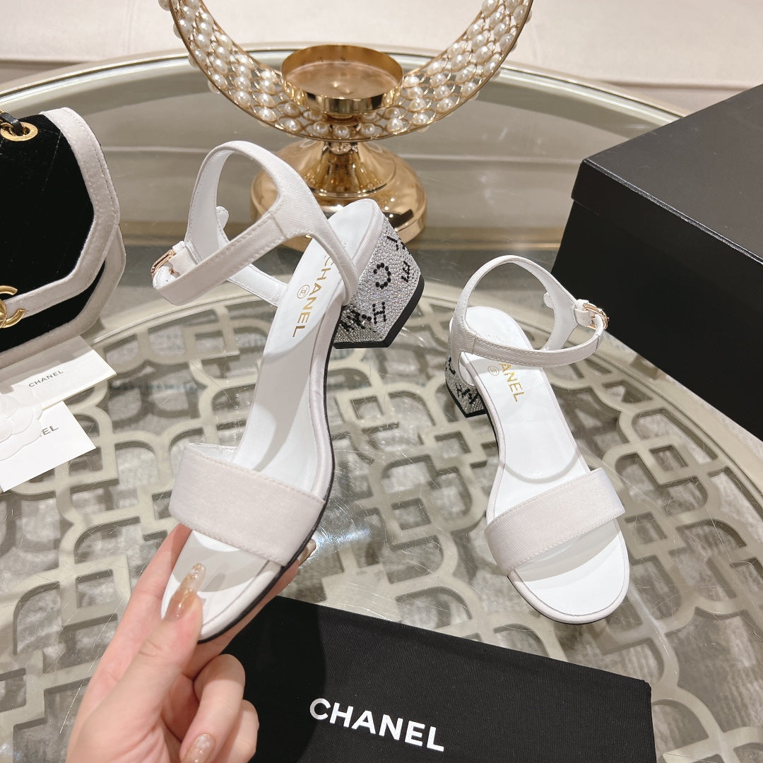 CC 25C 5CM Mid Heed Sandals White Fabric 213323