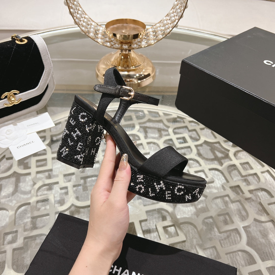 CC 25C 10CM Mid Heed Sandals Black Fabric 213324