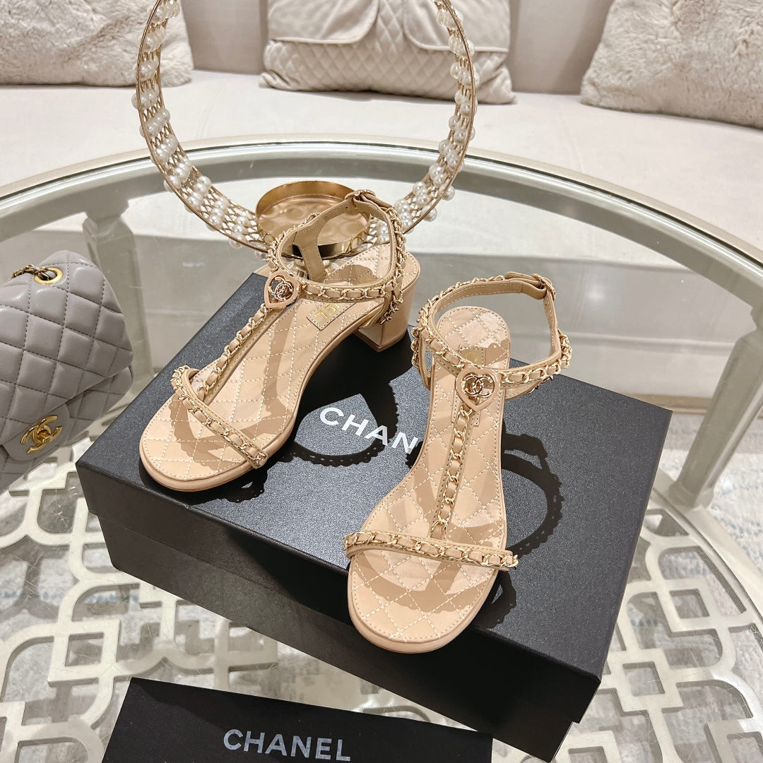 CC 26s Chain T-Strap Charm Sandals 5cm Beige Lambskin 736114