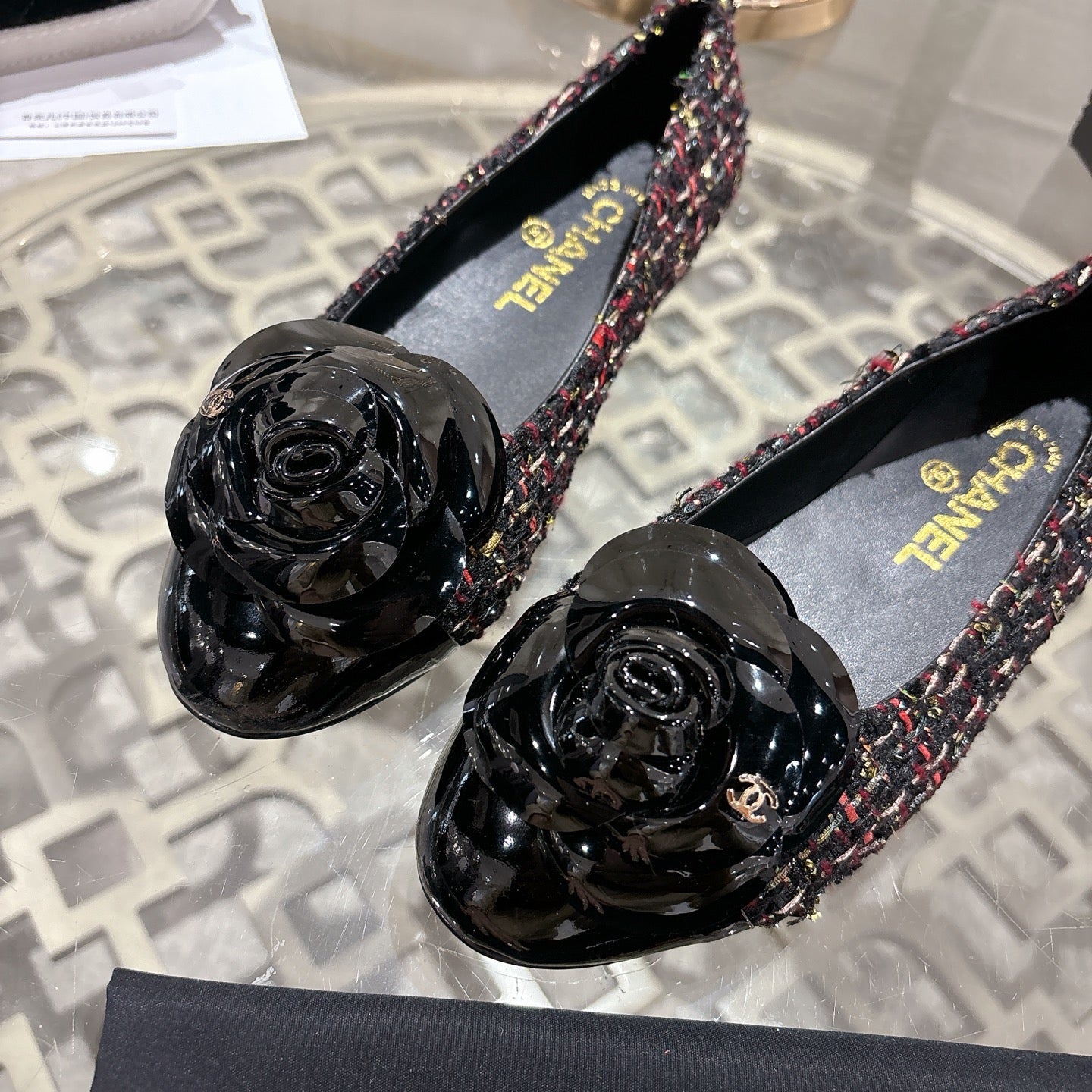 CC 26s Camellia Ballet Flat Black Colorful Leather Tweed 736498