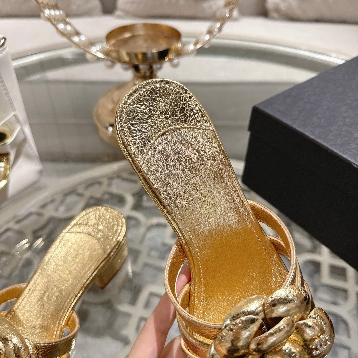 CC 26s Double-C Camellia Slippers Gold Sheepskin 736389
