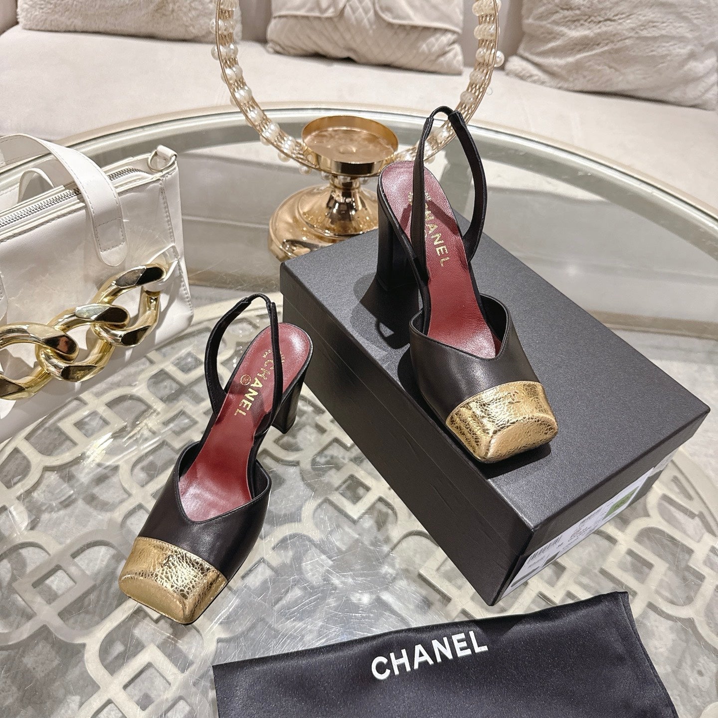 CC 26s Square-Toe High-Heeled Slingbacks 9cm Gold Black Leather 736108