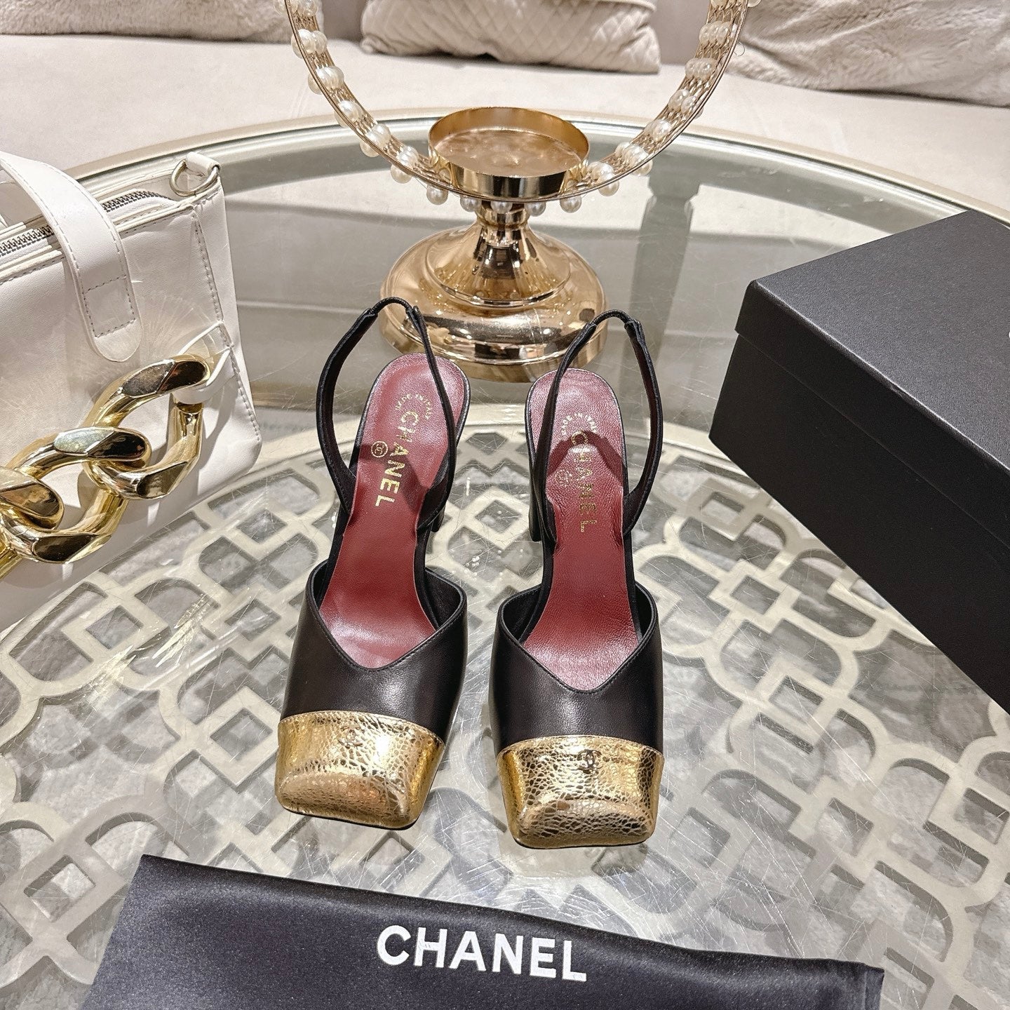 CC 26s Square-Toe High-Heeled Slingbacks 9cm Gold Black Leather 736108