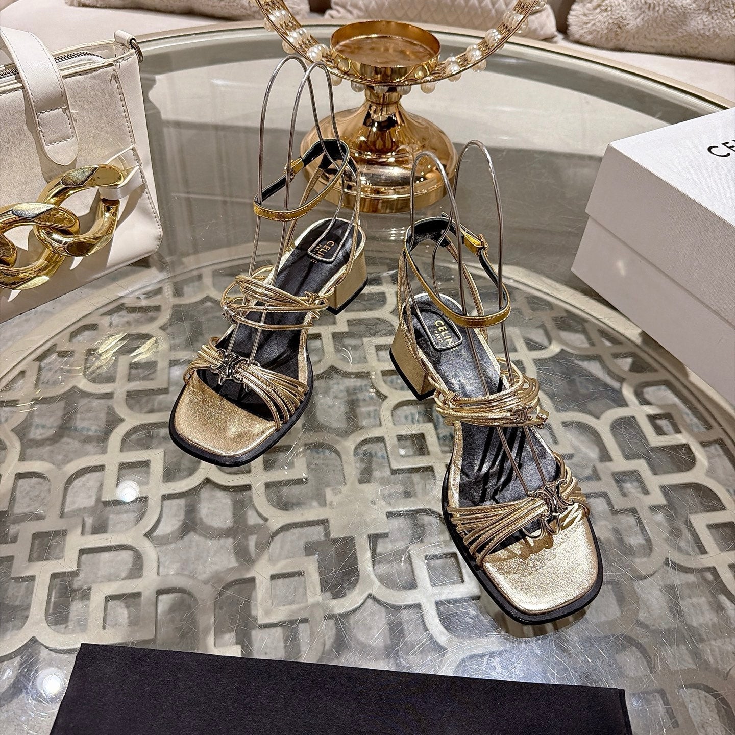 Celine Clémence Heeled Sandal 4cm Gold Sheepskin 941491