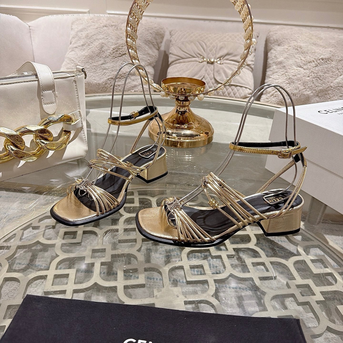 Celine Clémence Heeled Sandal 4cm Gold Sheepskin 941491