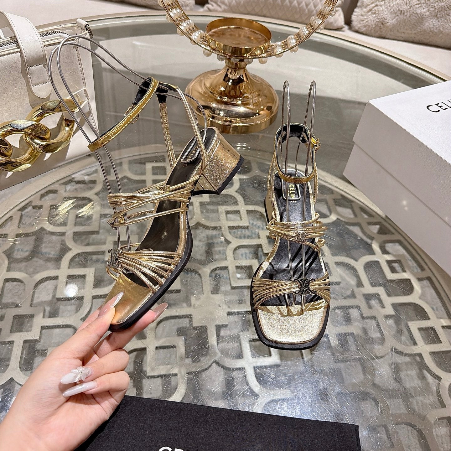Celine Clémence Heeled Sandal 4cm Gold Sheepskin 941491