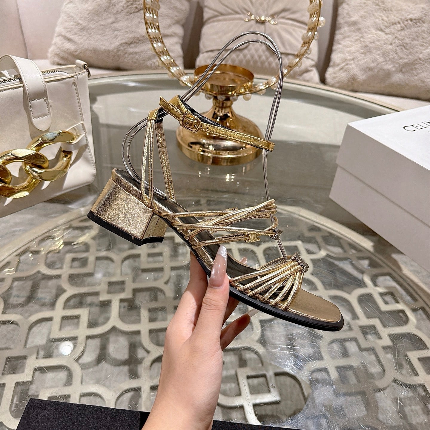 Celine Clémence Heeled Sandal 4cm Gold Sheepskin 941491