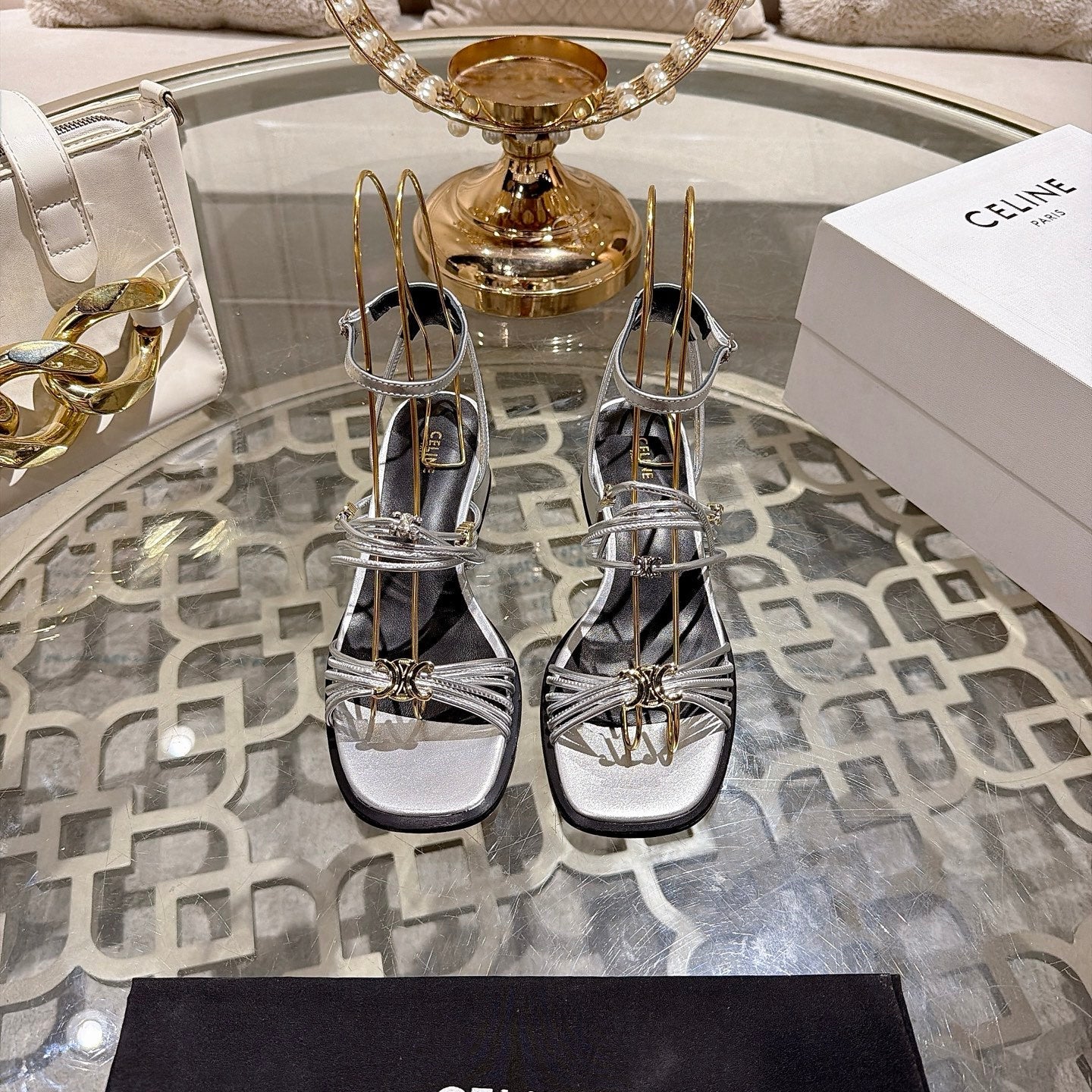 Celine Clémence Heeled Sandal 4cm Sliver Sheepskin 941492