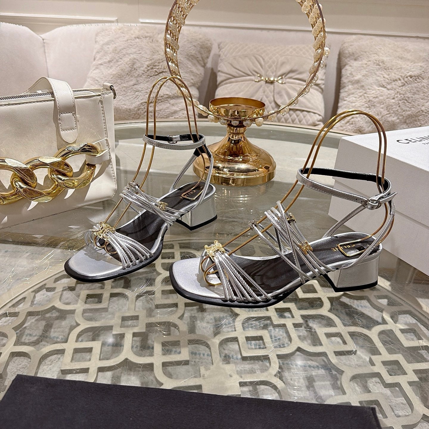 Celine Clémence Heeled Sandal 4cm Sliver Sheepskin 941492