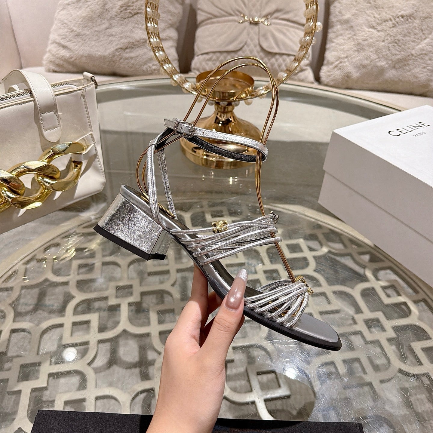 Celine Clémence Heeled Sandal 4cm Sliver Sheepskin 941492