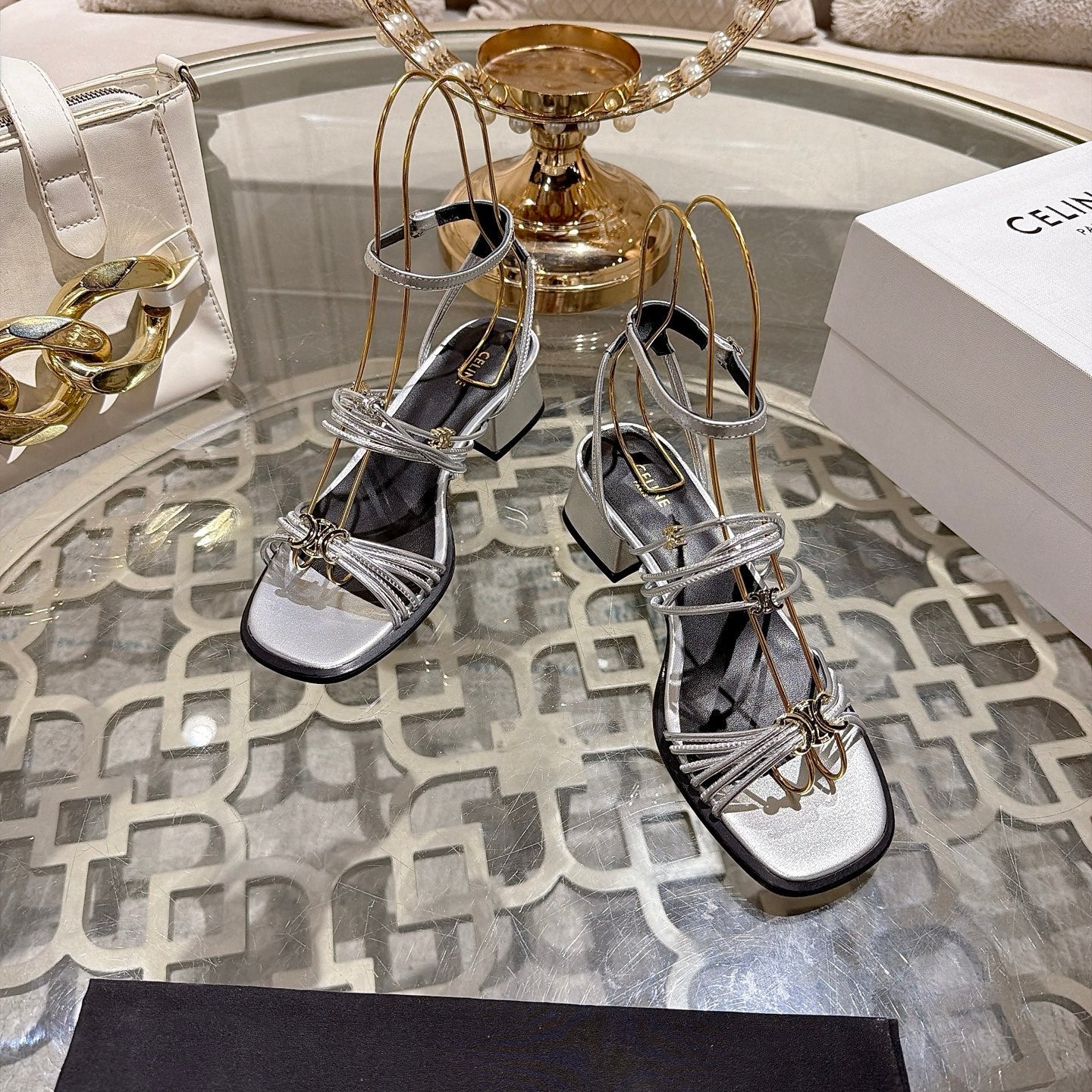 Celine Clémence Heeled Sandal 4cm Sliver Sheepskin 941492