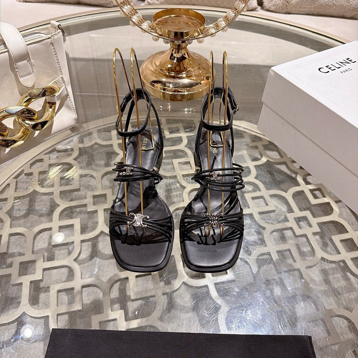 Celine Clémence Heeled Sandal 4cm Black Sheepskin 941494