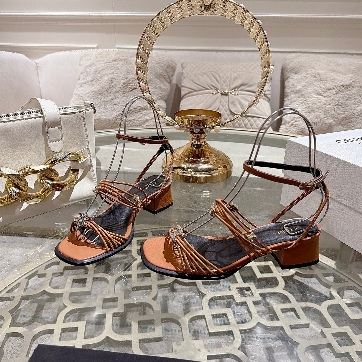 Celine Clémence Heeled Sandal 4cm Brown Sheepskin 941495