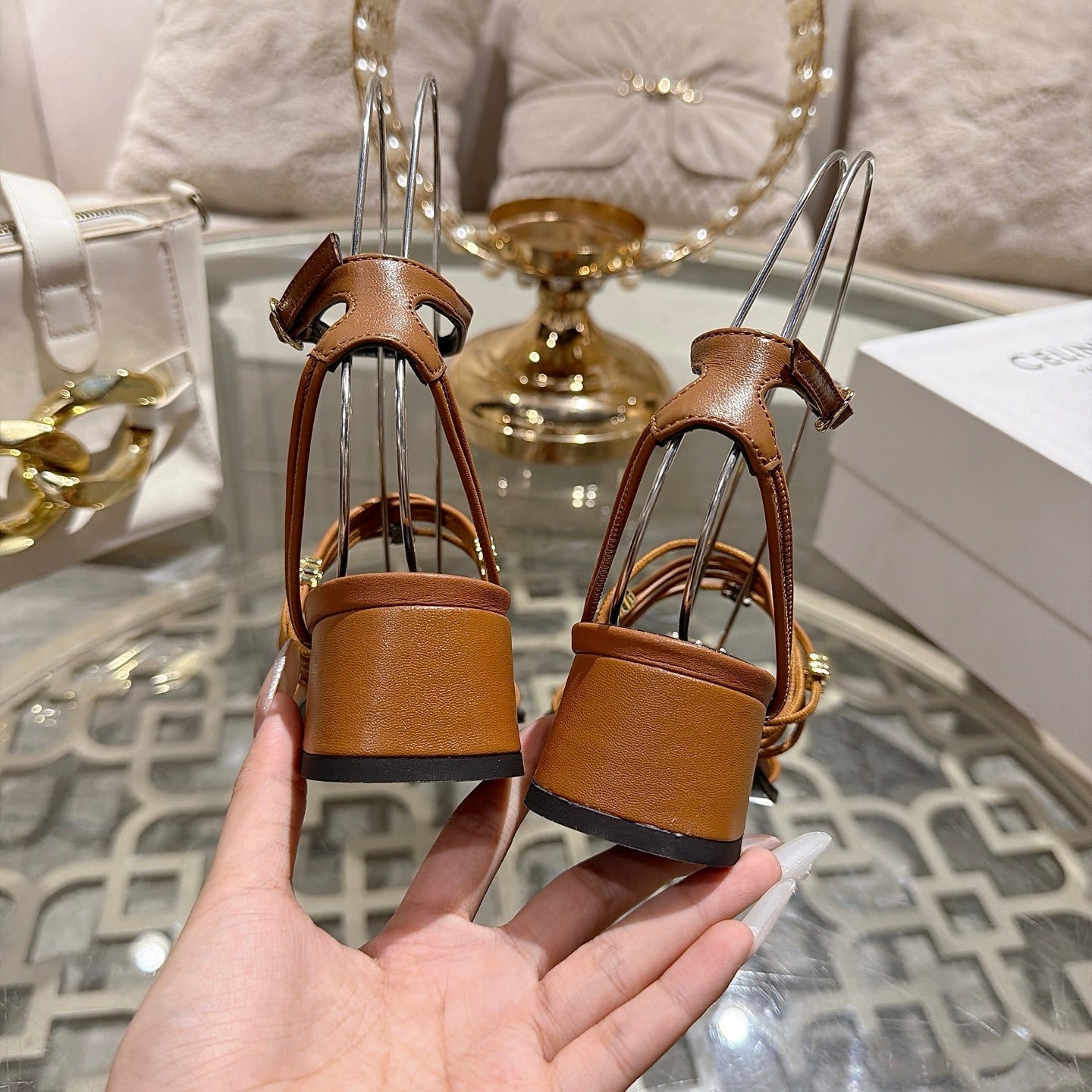 Celine Clémence Heeled Sandal 4cm Brown Sheepskin 941495