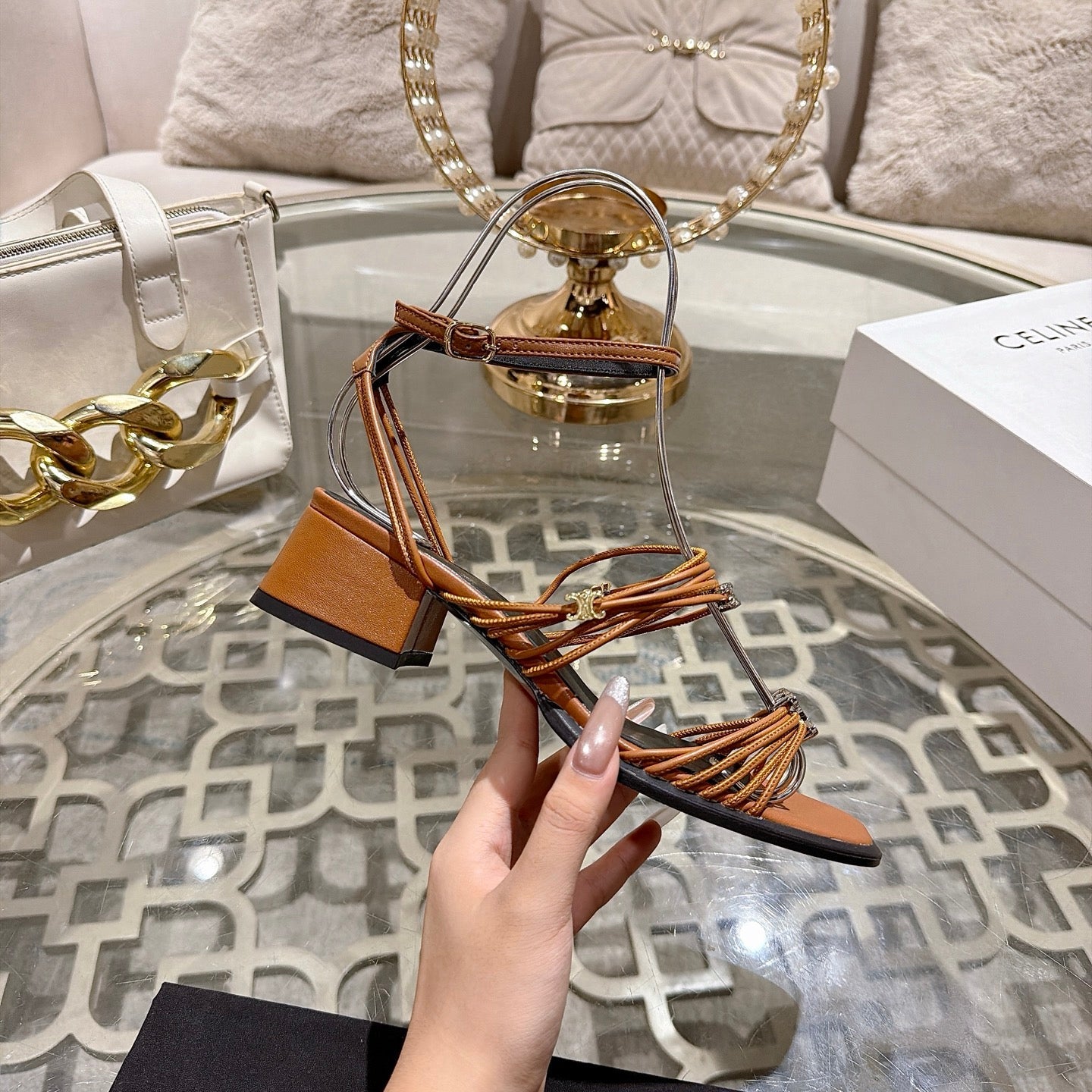 Celine Clémence Heeled Sandal 4cm Brown Sheepskin 941495