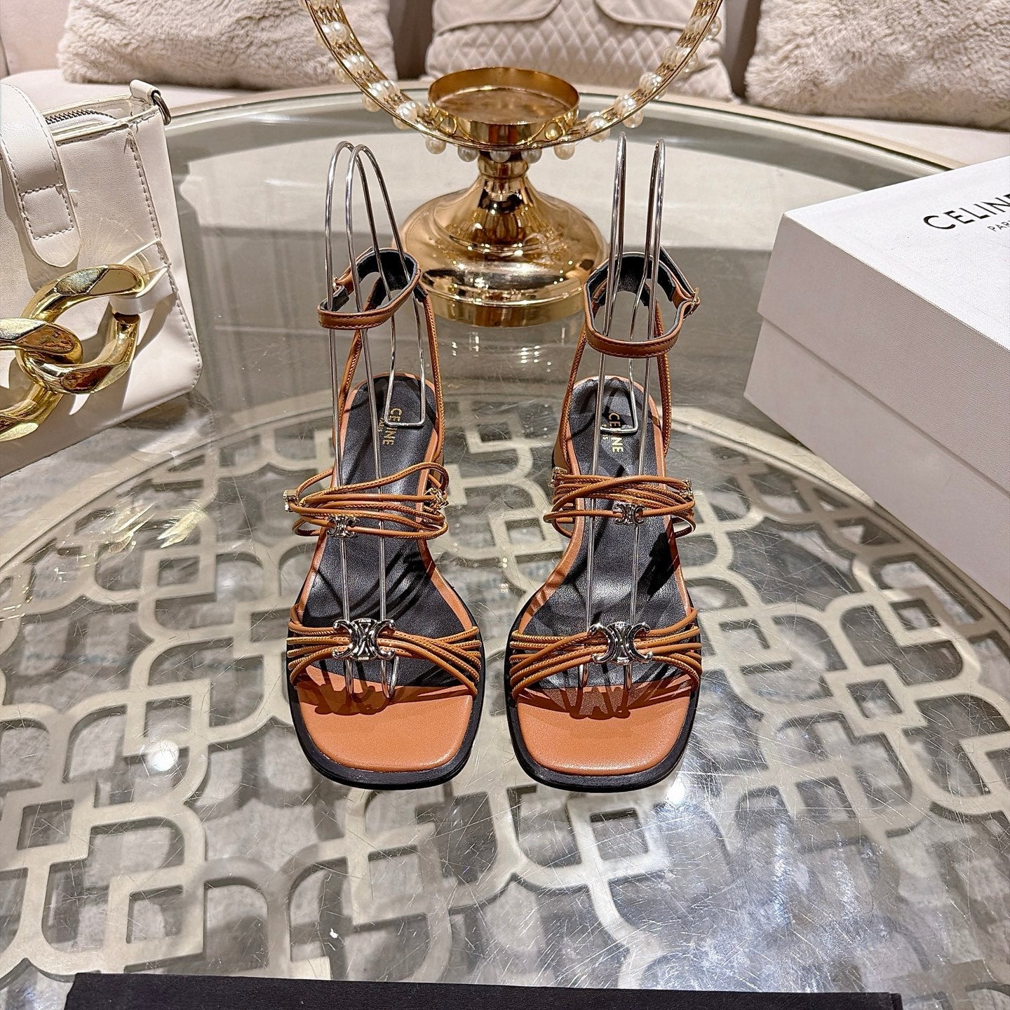 Celine Clémence Heeled Sandal 4cm Brown Sheepskin 941495