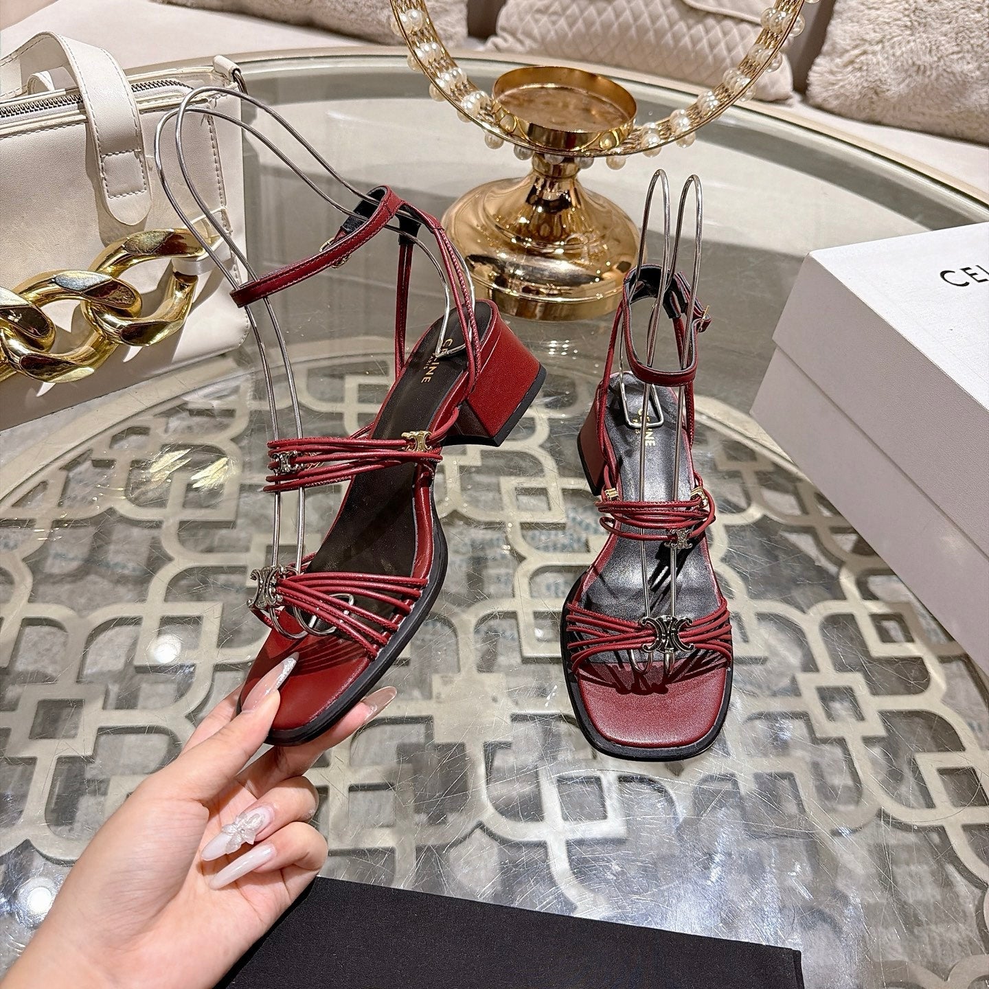 Celine Clémence Heeled Sandal 4cm Burgundy Sheepskin 941496