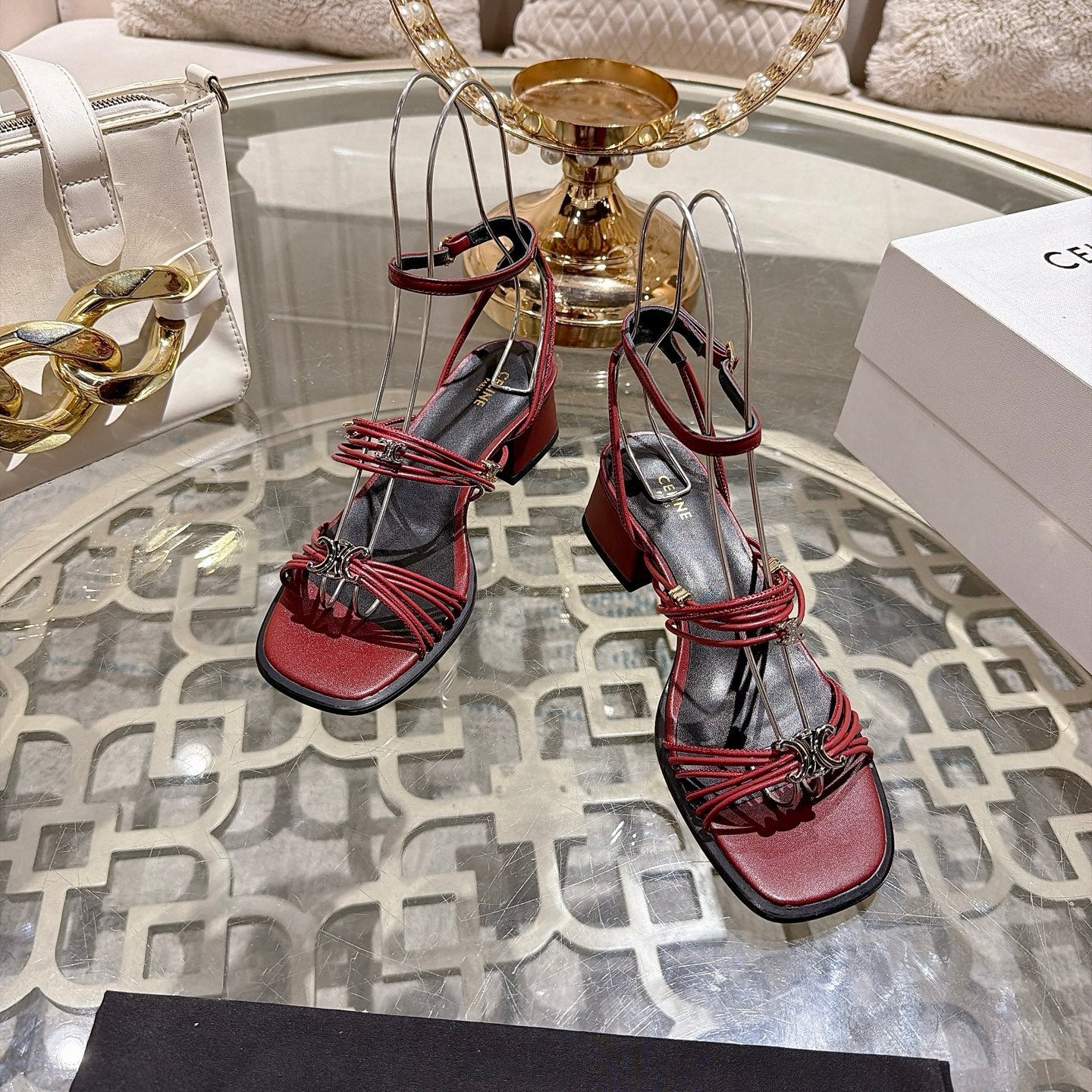 Celine Clémence Heeled Sandal 4cm Burgundy Sheepskin 941496