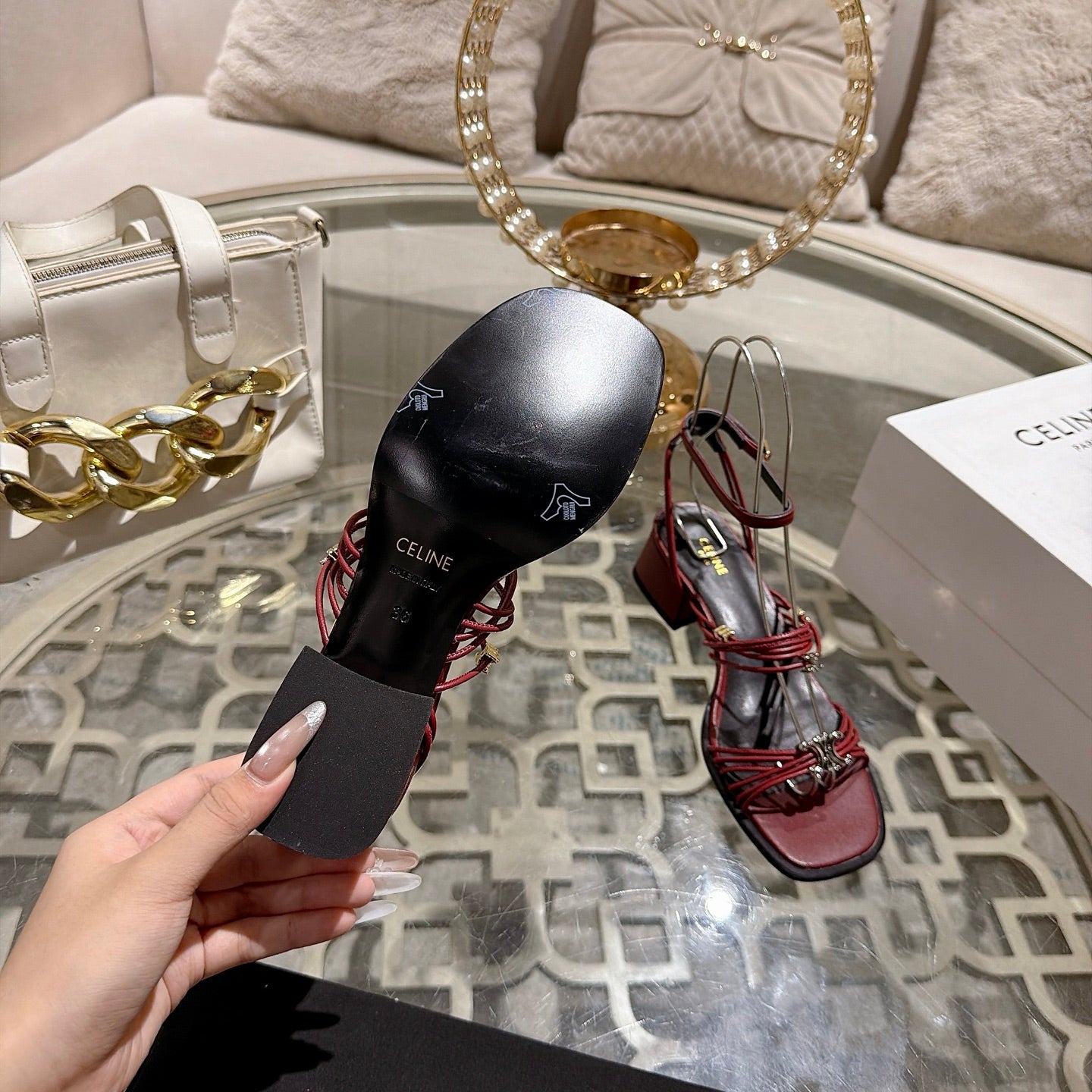 Celine Clémence Heeled Sandal 4cm Burgundy Sheepskin 941496