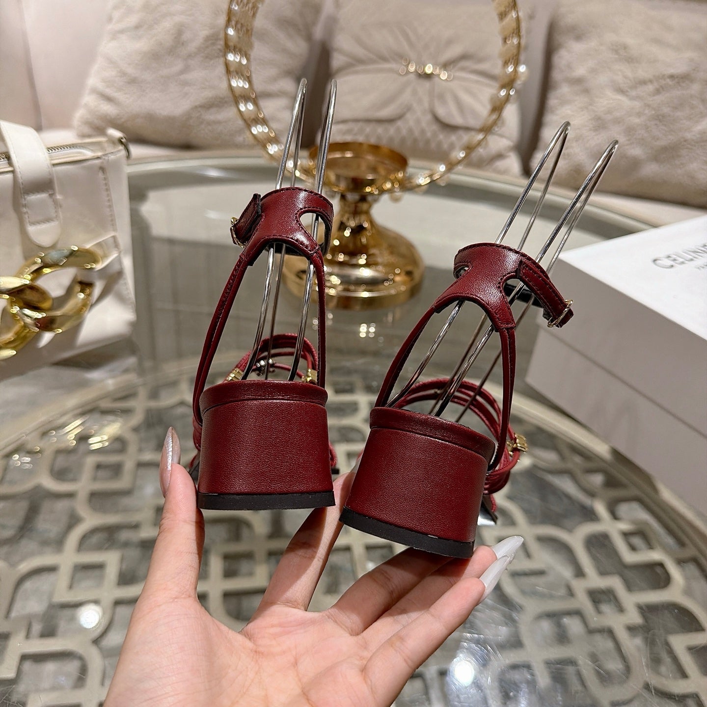 Celine Clémence Heeled Sandal 4cm Burgundy Sheepskin 941496