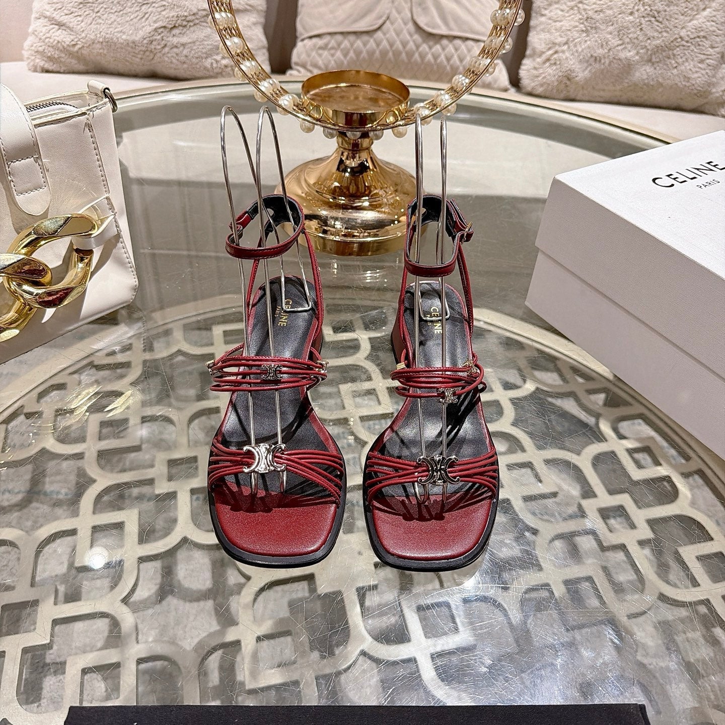 Celine Clémence Heeled Sandal 4cm Burgundy Sheepskin 941496