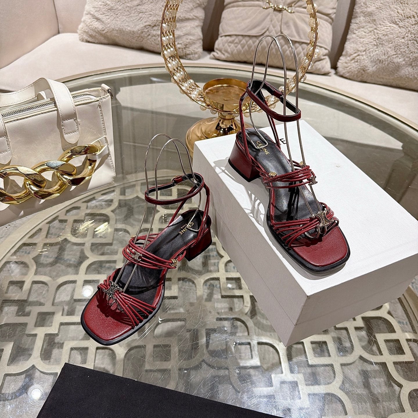 Celine Clémence Heeled Sandal 4cm Burgundy Sheepskin 941496