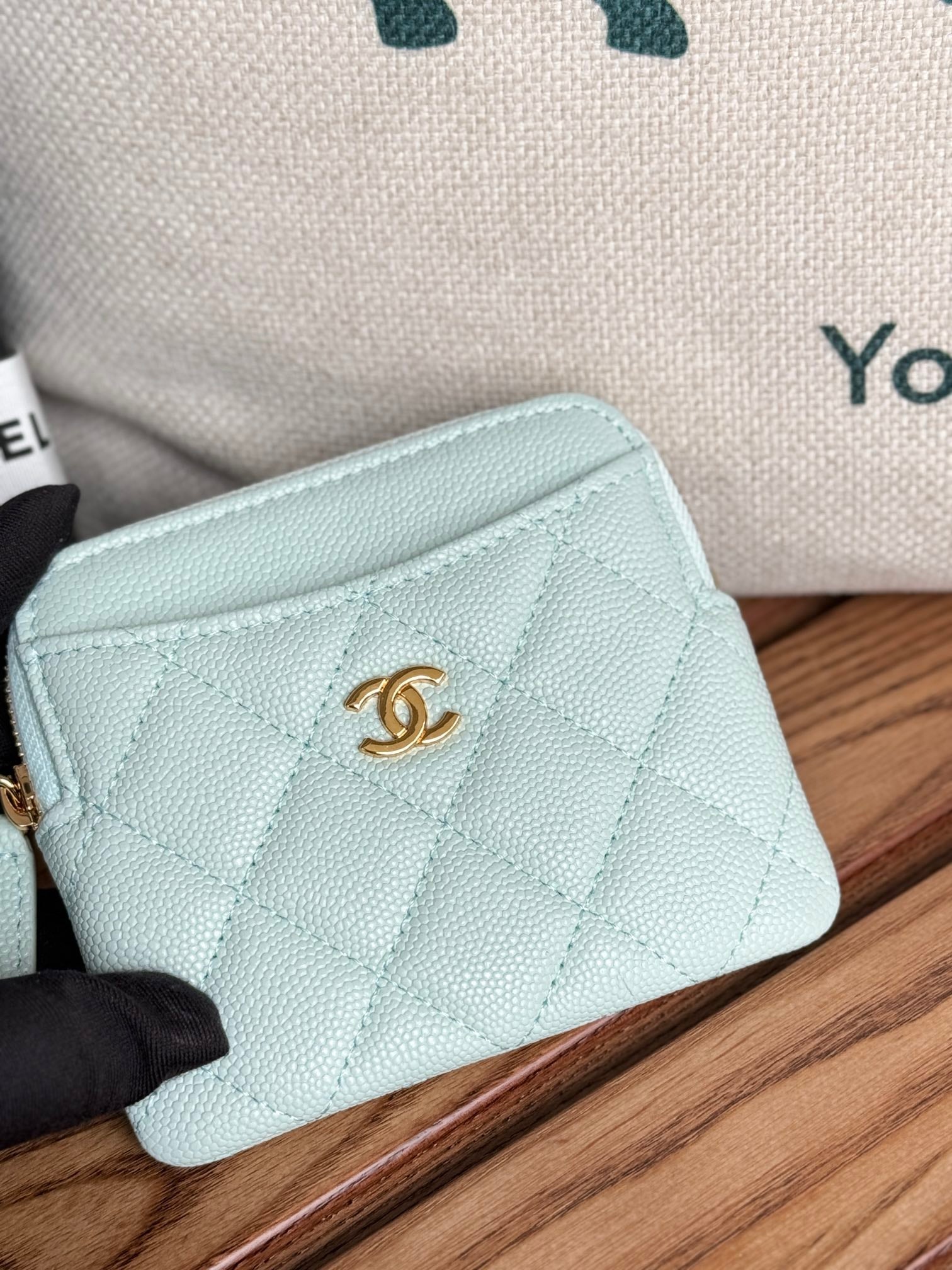 CC Zip Card Holder Wallet Light Blue Gold Metal Caviar 240605